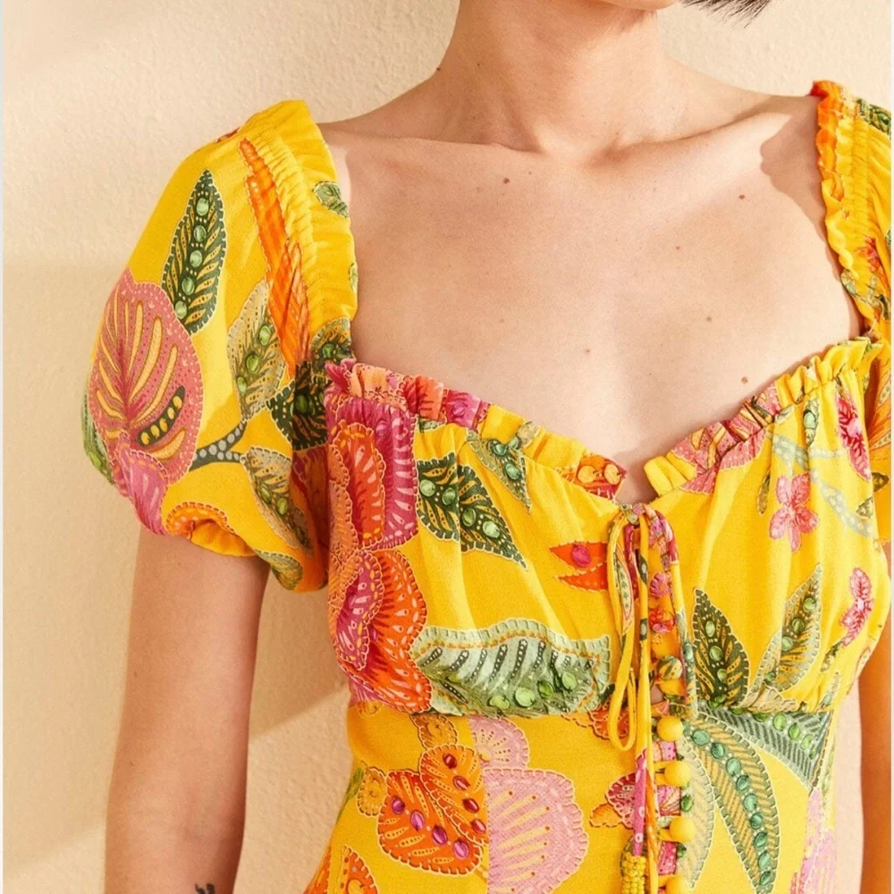 NWT FARM Rio Yellow Macaw Bloom Puff-Sleeve Midi Dress - Picture 4 of 10